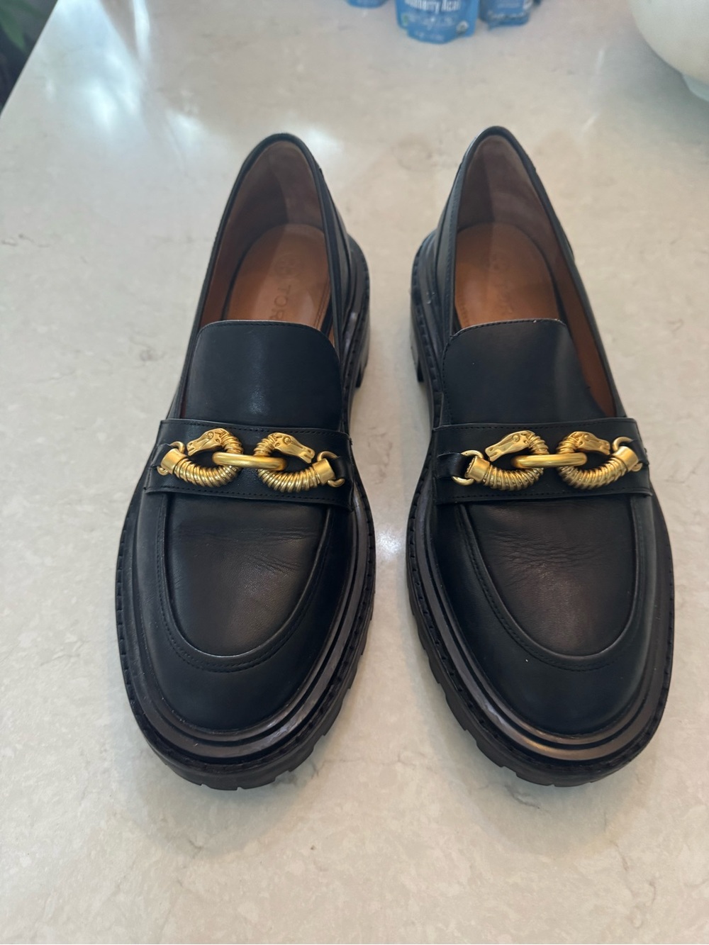 Tory Burch Jessica Lug Sole Loafers with Gold Chain Detail